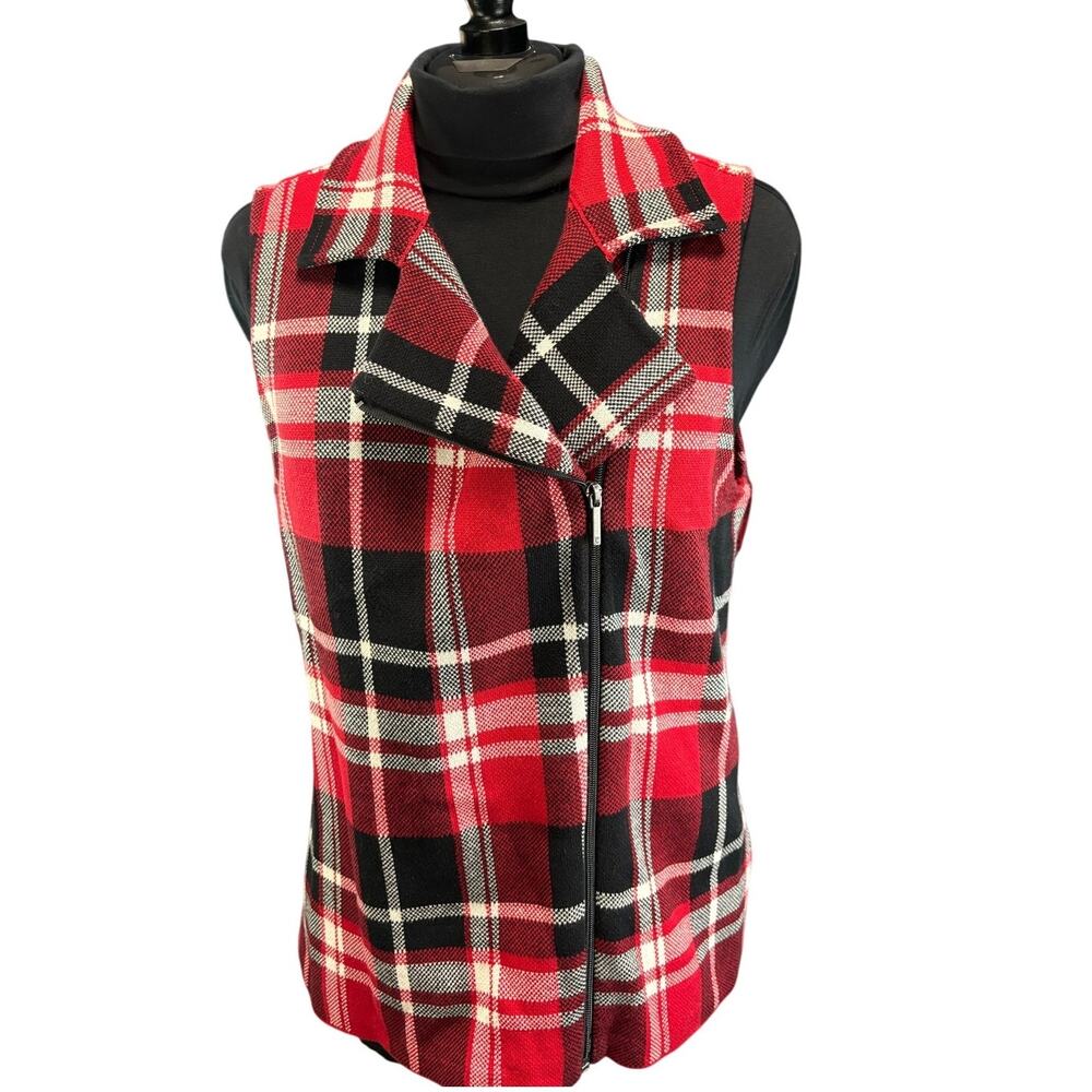CHAPS Red Plaid Moto Vest Sz Large Asymmetrical Zip Collared Sleeveless Jacket